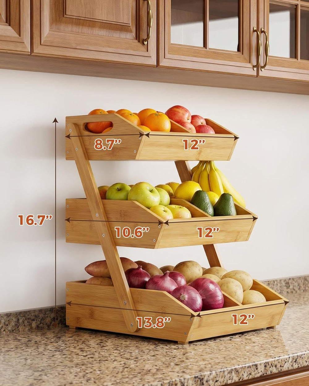 3-Tier Bamboo Fruit Basket with 2 Banana Holders