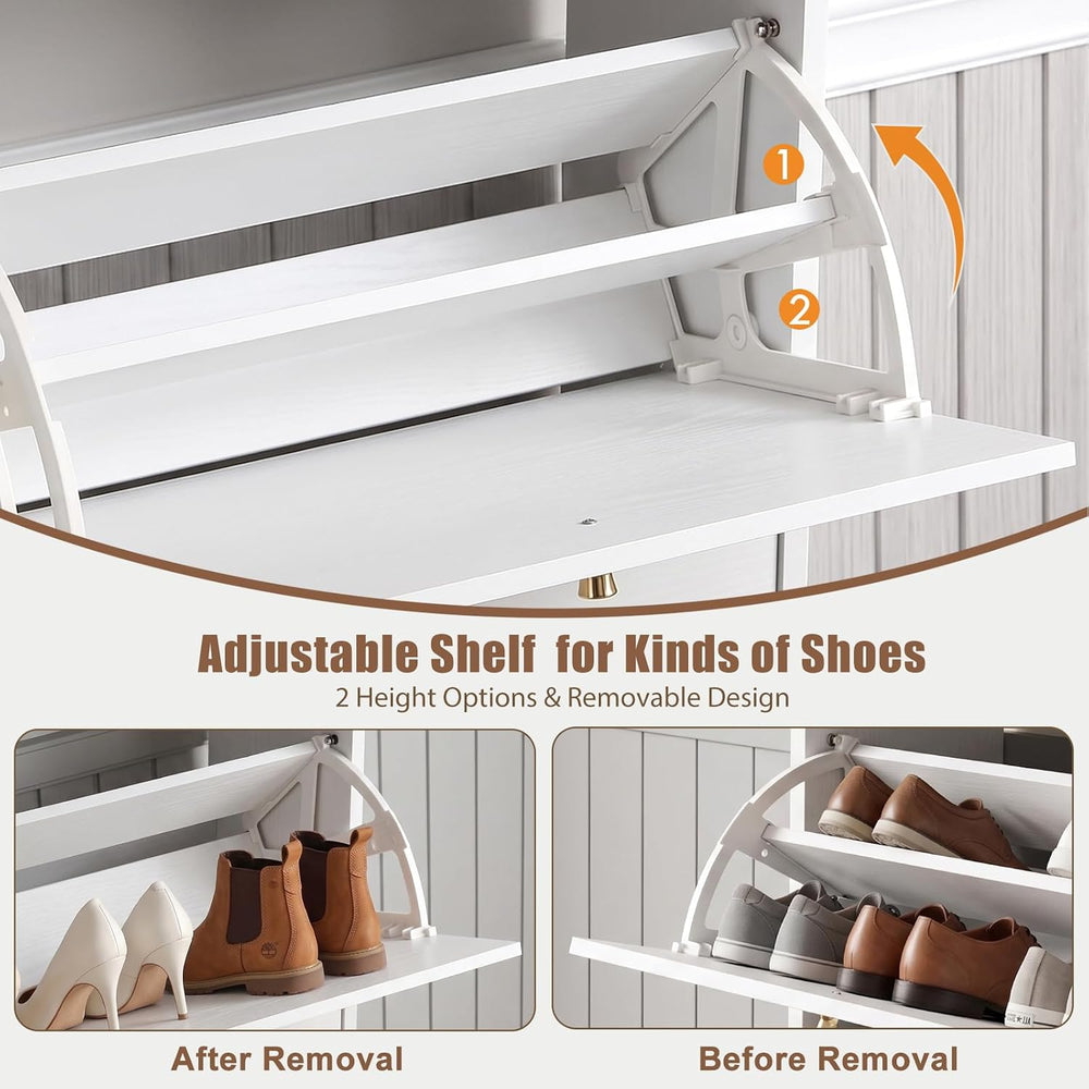 Nicetree Shoe Cabinet, 3 Flip Drawers Slim White Walnut Top Entry Storage