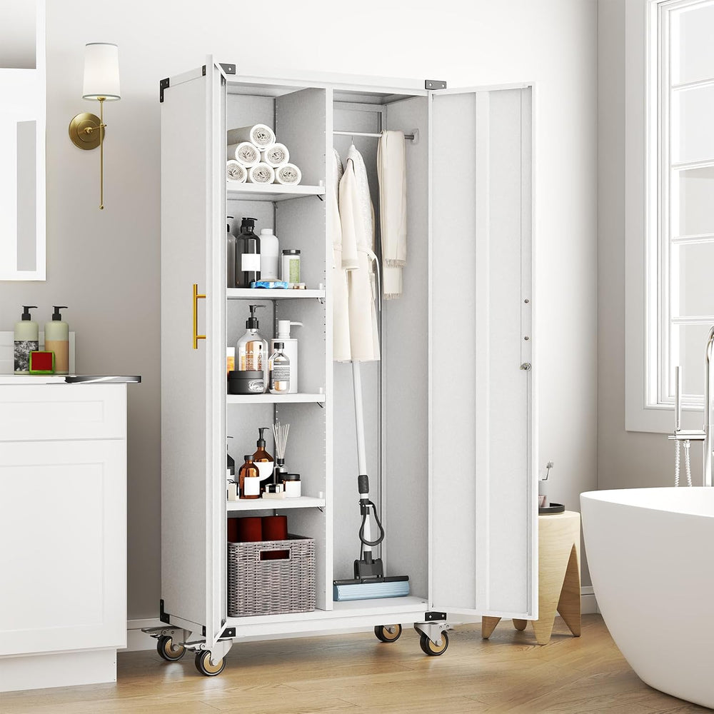 pozdeg 71" Rolling Lockable Metal Broom Closet Storage Cabinet, Grey White