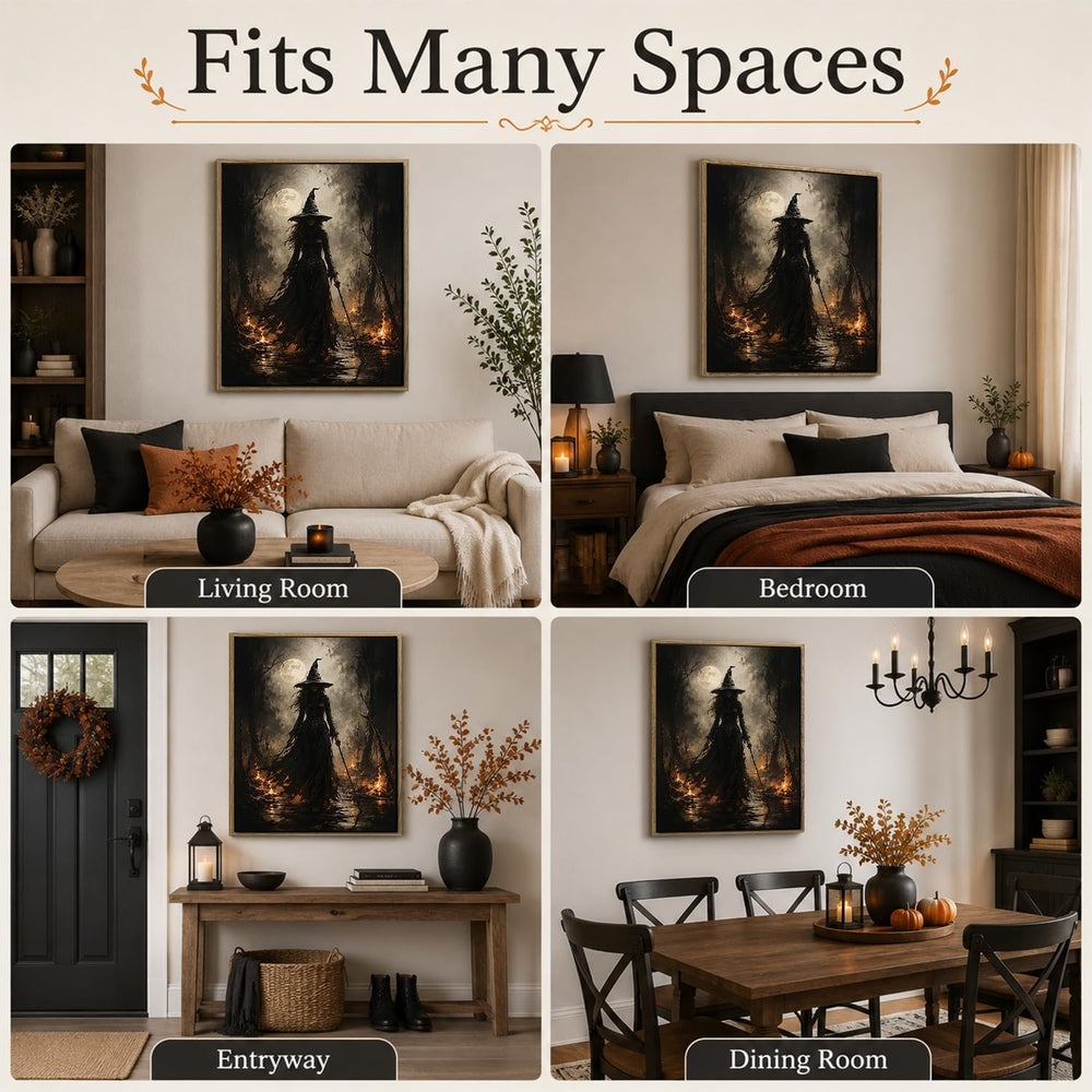 Halloween Framed Wall Art, Dark Witch in Moonlit Forest Halloween Pictures