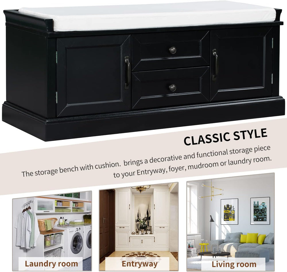 Knocbel 42.5" Storage Bench with Removable Cushion, 2 Drawers and 2 Cabi...