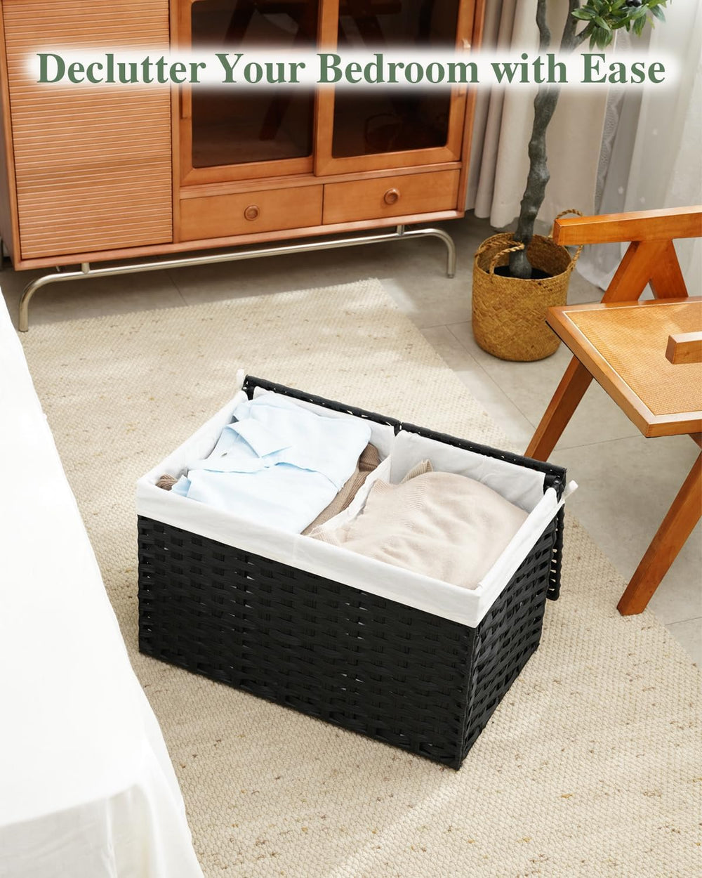 SETVSON Storage Basket with Lid PE Rattan Storage Basket 105L, Black