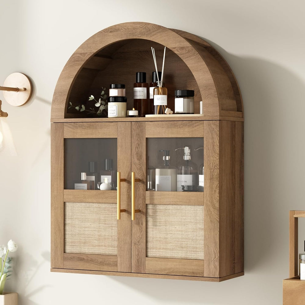 RUSTOWN Arched Bathroom Wall Cabinet with 2 Glass & Rattan Doors