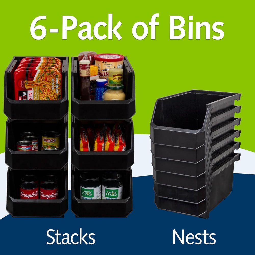 Akro-Mils ReadySpace Large Stackable Plastic Storage Bins, 6-Pack, Black