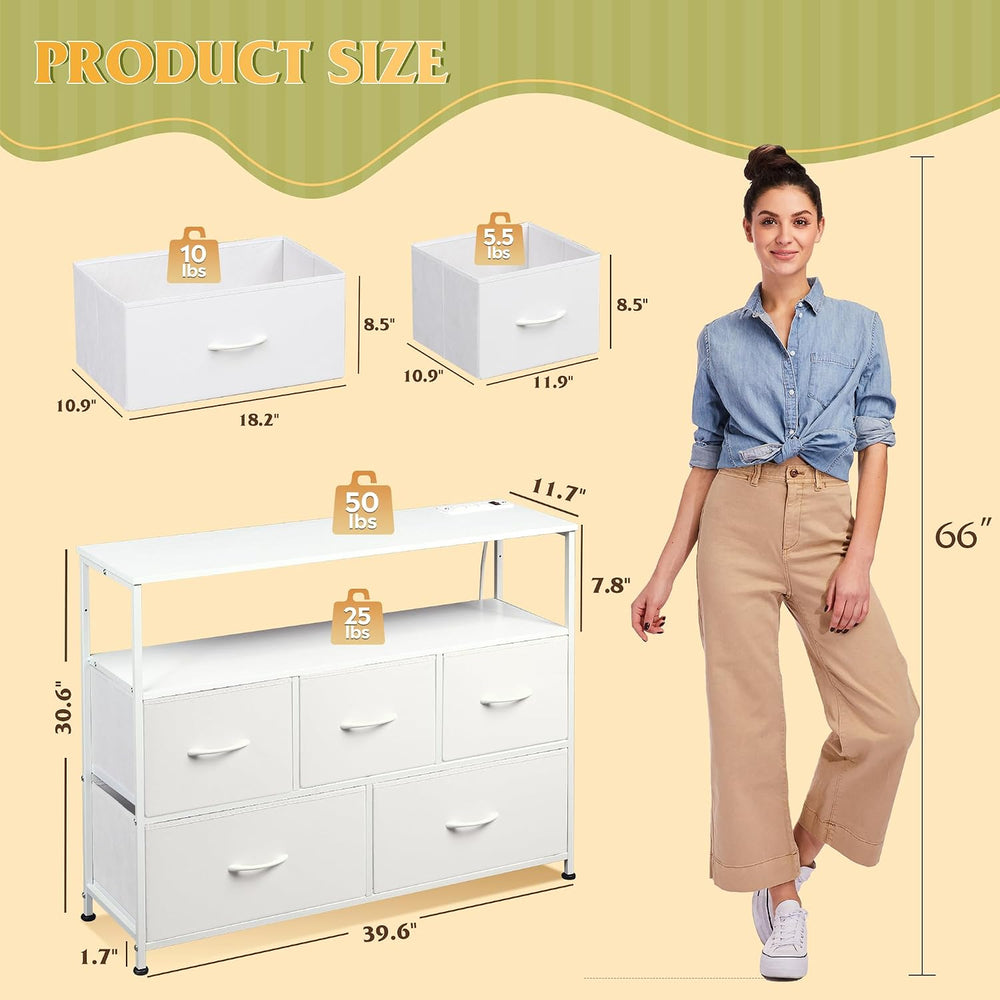WLIVE White Dresser for Bedroom with 5 Drawers，Fabric Dresser with Charging S...