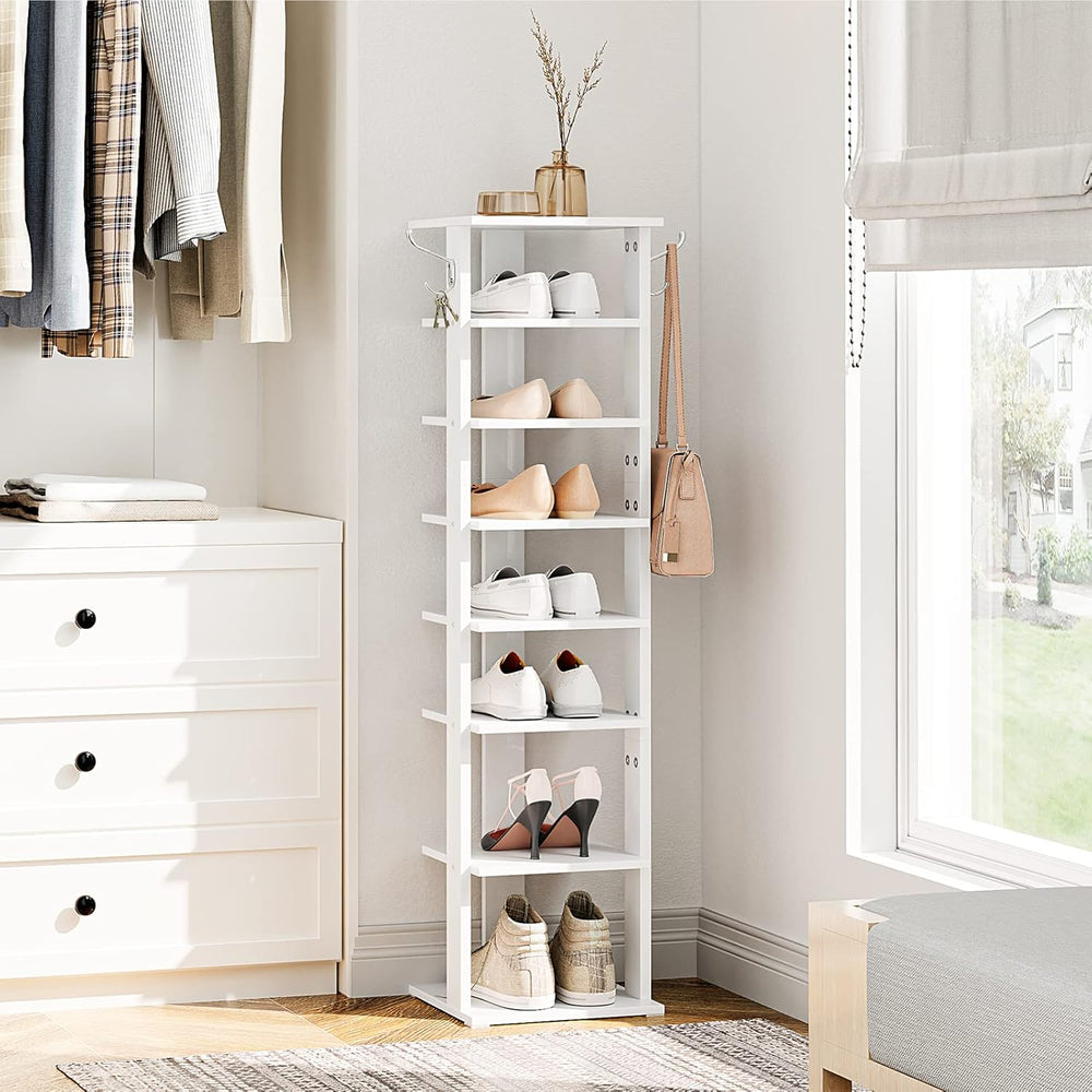 HOOBRO 8 Tiers Vertical Shoe Rack, Wooden Shoe Storage Organizer with Hooks, ...
