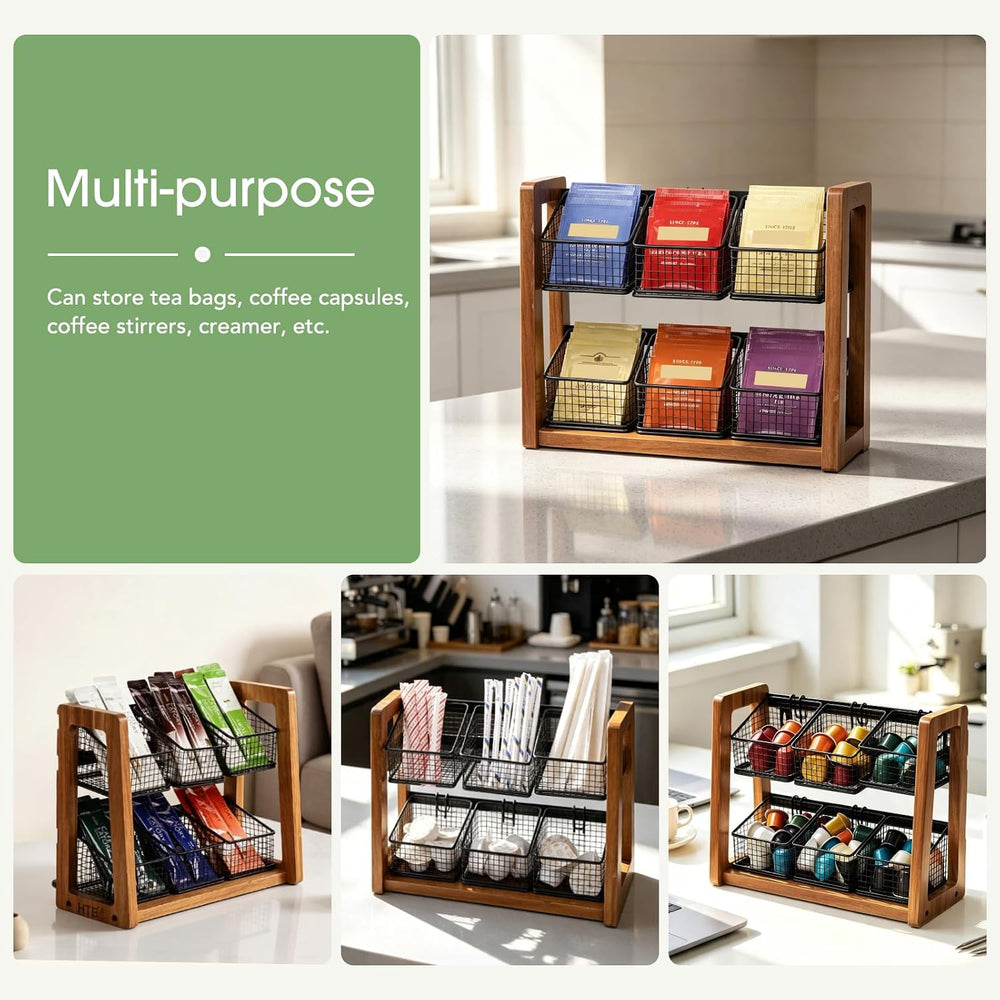 HTB 2 Tier Tea Organizer for Tea Bags with 6 Removable Metal Baskets