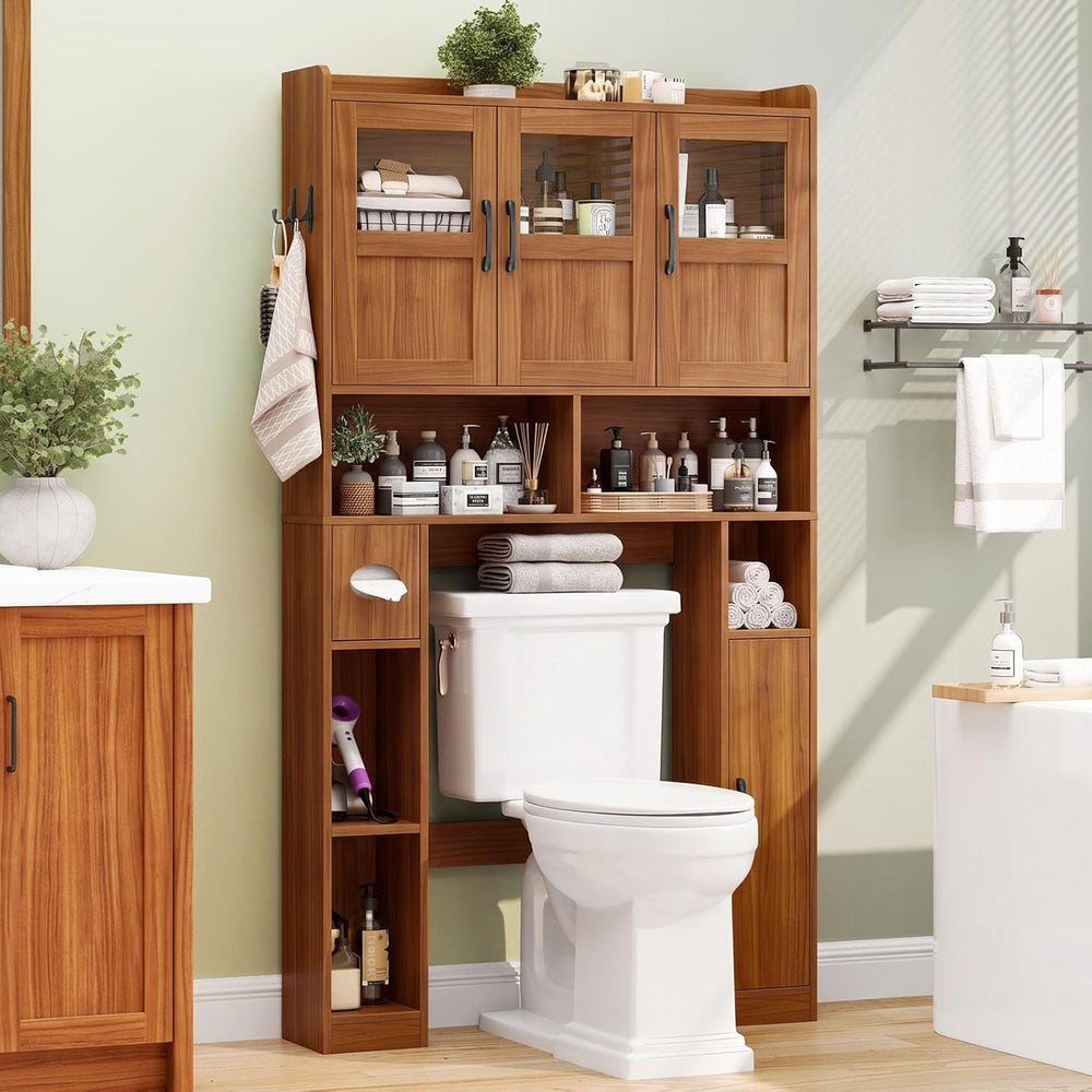 Vabches Farmhouse Over The Toilet Cabinet with 3 Acrylic Doors,Walnut