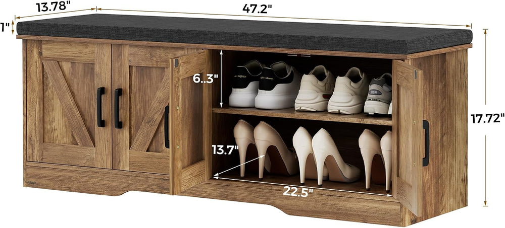 HOMSHO Farmhouse Shoe Storage Bench with 4 Barn Doors & Padded Seat Cushion