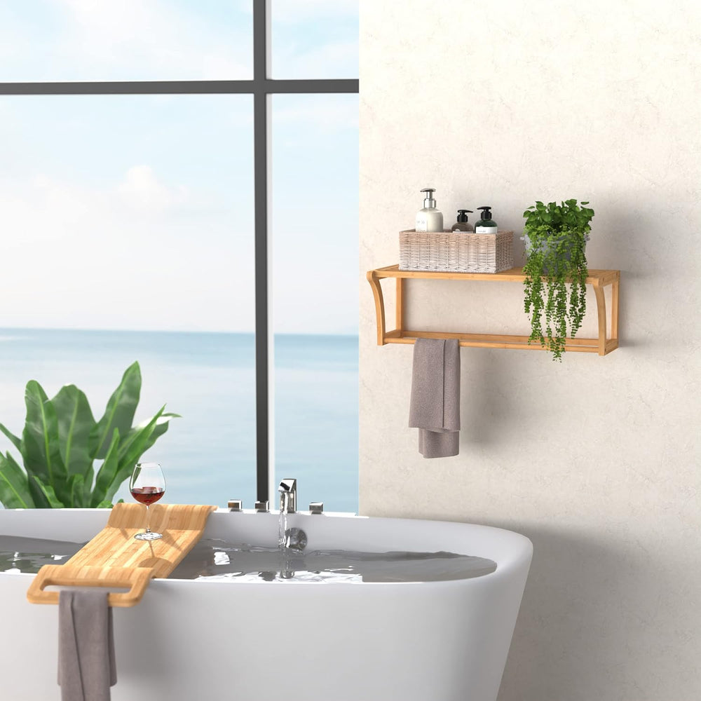 ClosetMaid Bamboo Wall Shelf with Towel Bar, Wall Mount Storage Shelves, Orga...