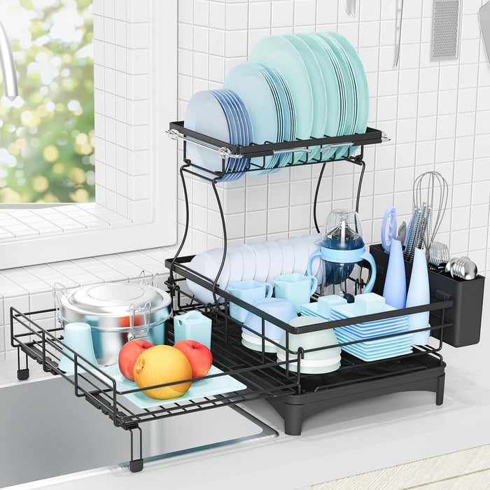 Dish Drying Rack for Kitchen Counter, Extendable Dish Rack with Drainboard, Kitchen Countertop 2 Tier Dish Drying Rack, Expandable Dish Strainer with Cutlery Holder, Removable Cutlery Holder（Black）