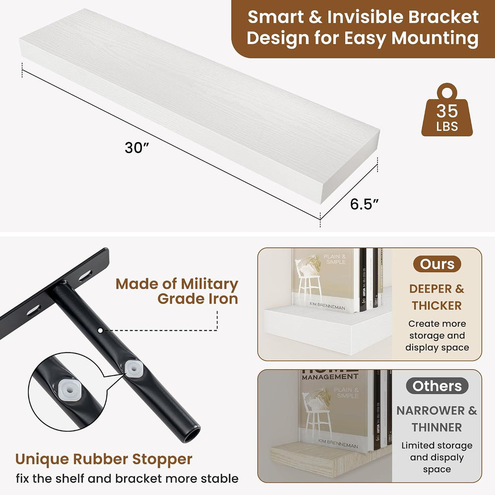 Floating Shelves for Wall, Wall Mounted Wood Shelves, White, Set of 2, 30in