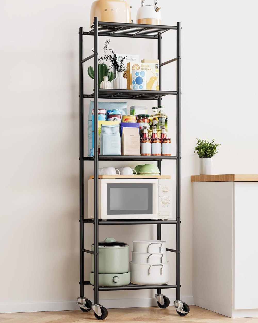 Sakugi 5-Tier Storage Shelves 18.1x12.6x58.7 Black with Wheels