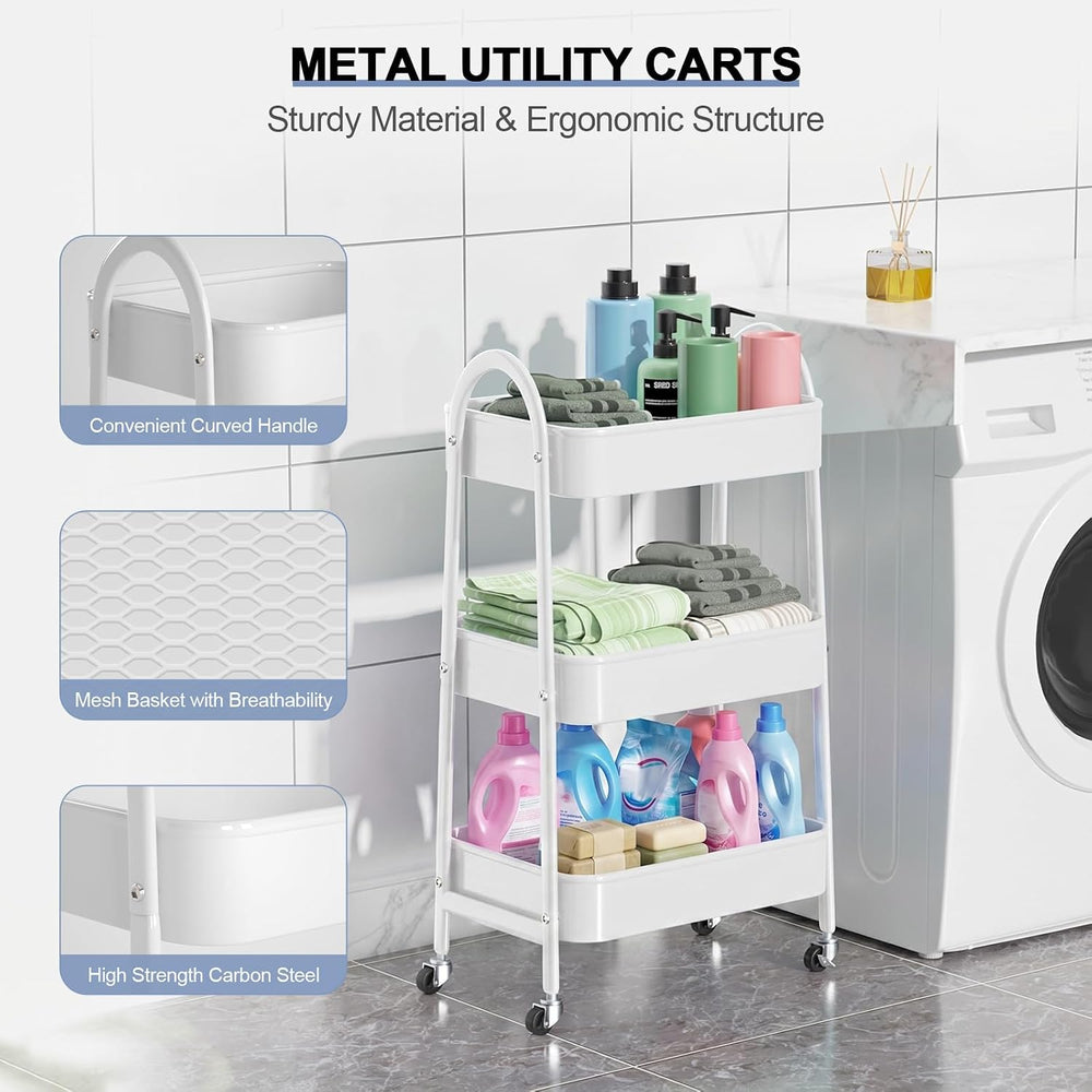 EAGMAK 3 Tier Utility Rolling Cart, Metal Storage Cart with Handle and Lockab...