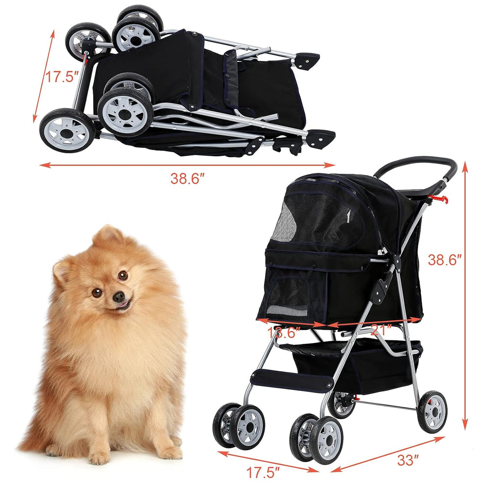 4 Wheels Pet Stroller for Dogs/Cats, Cat Dog Cage Stroller, Travel Folding Ca...