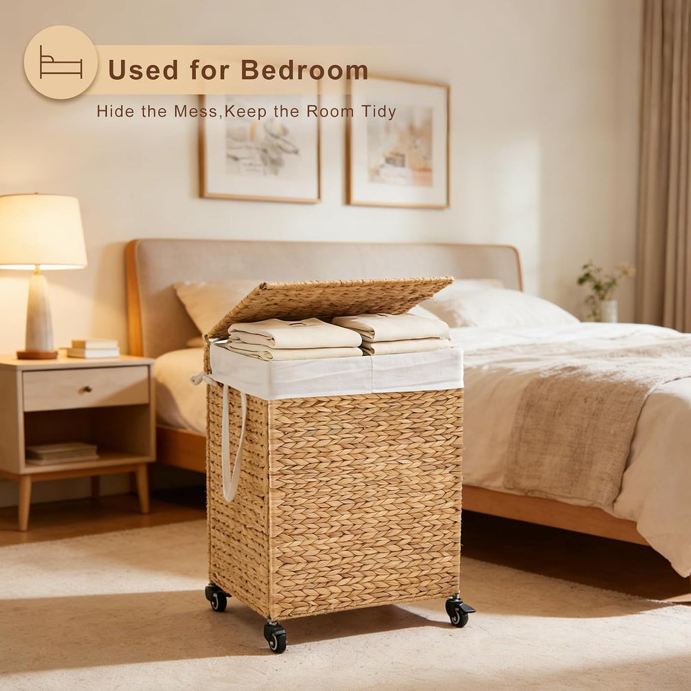2-Section Laundry Hamper with Lid, Large Capacity Woven Natural Water Hyacint...