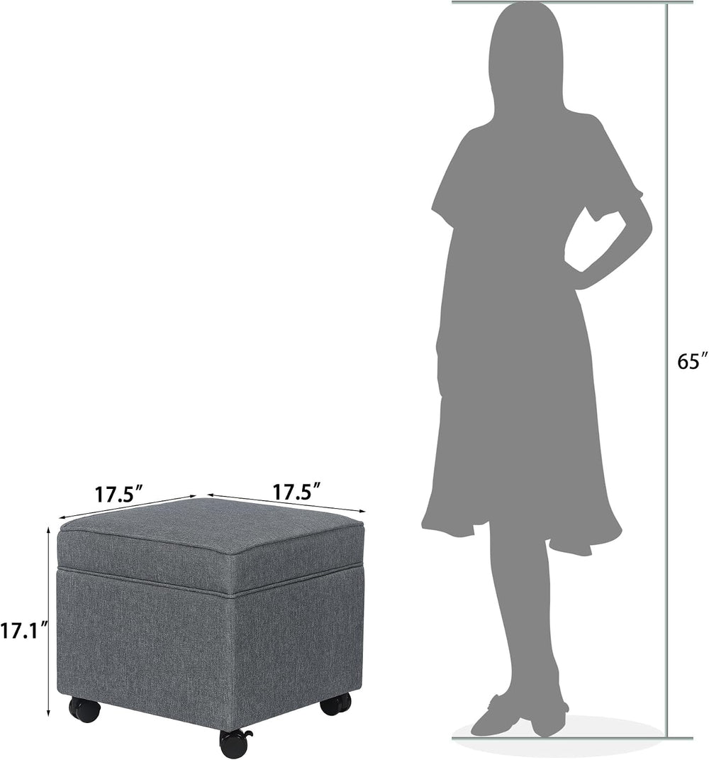 Adeco 17.5" Square Fabric Ottoman with Storage, Upholstered Cotton Linen...