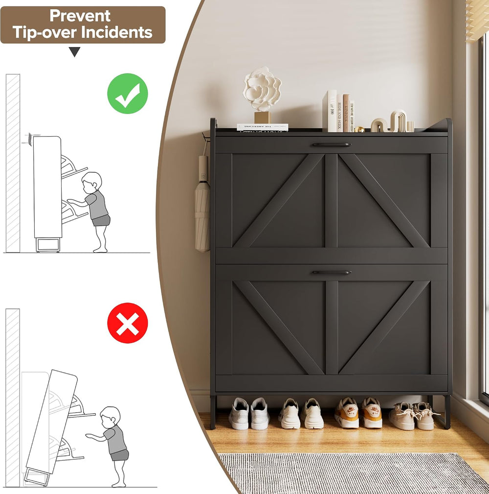 EOYUTLLY Shoe Cabinet for Entryway with 2 Flip Drawers,Narrow Wooden Shoe Sto...