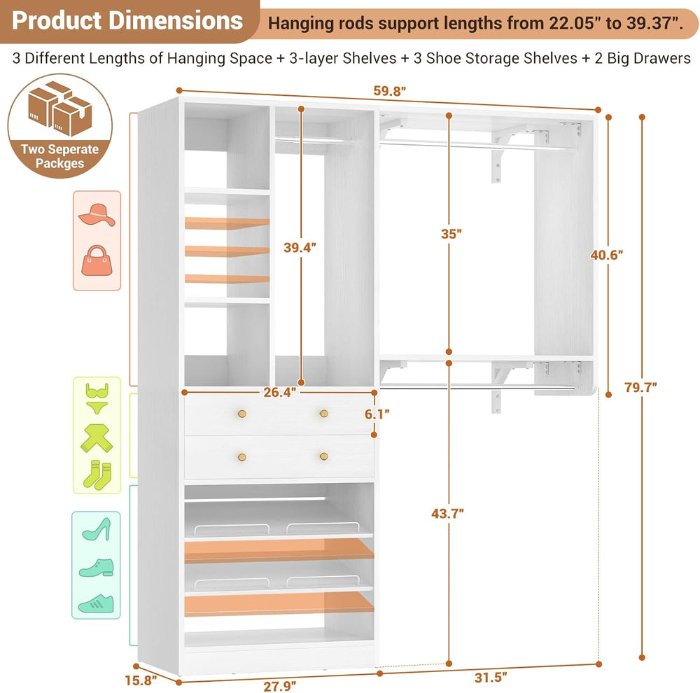 Besiost Closet System - 60"/92" Closet System with Drawers, 5FT/7.6...
