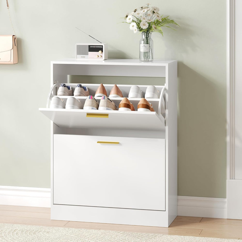 Shoe Cabinet Storage with 2 Flip Drawers and Closed Base, White丨Hidden Shoe O...