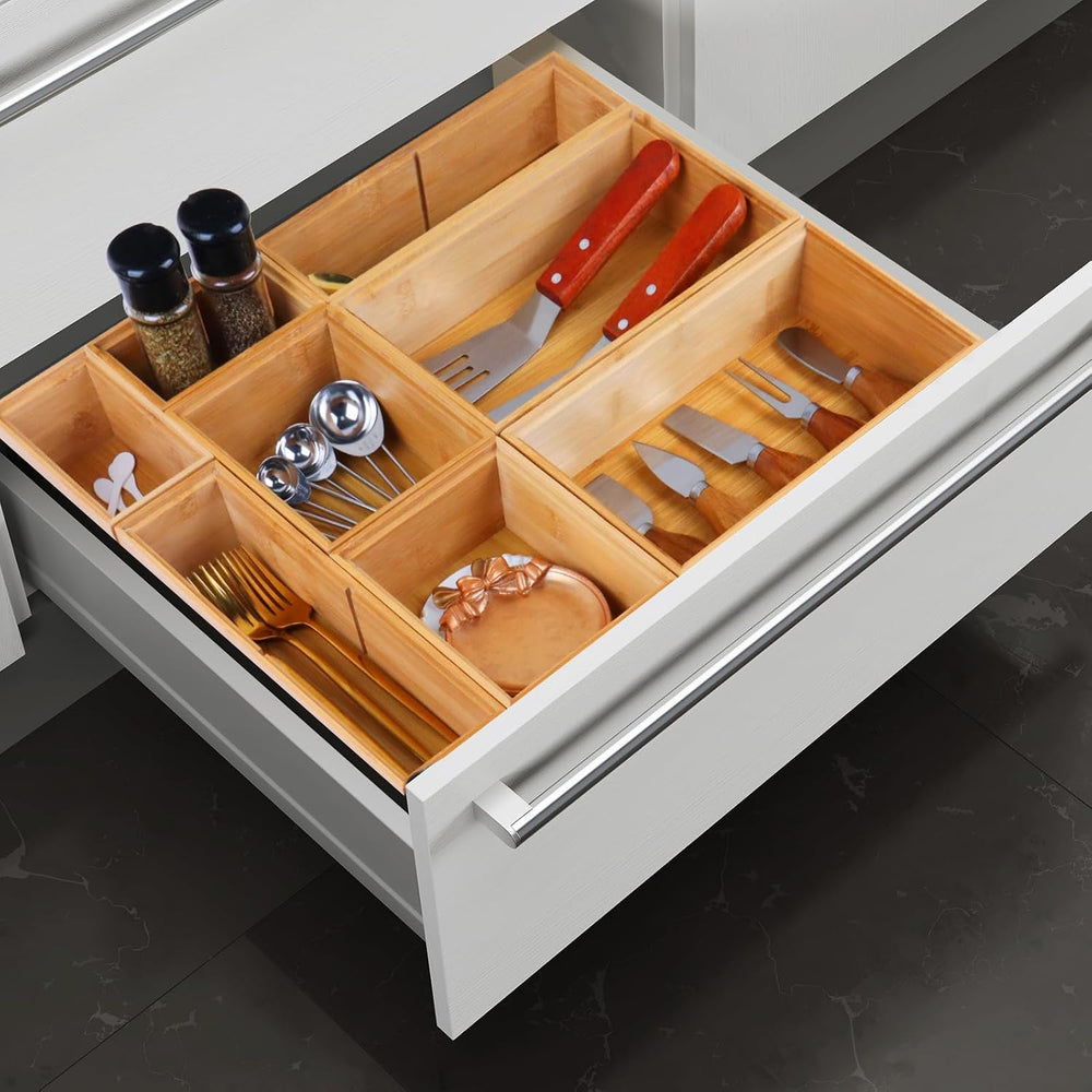 Bamboo Drawer Organizer Set, 8 PCS Multi-Use Wood Drawer Storage Boxes, Junk ...
