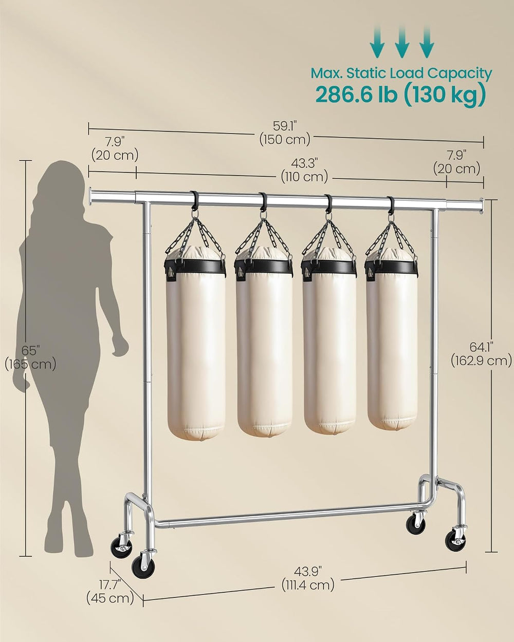 SONGMICS Clothes Rack with Wheels, Heavy-Duty, Extendable Hanging Rod