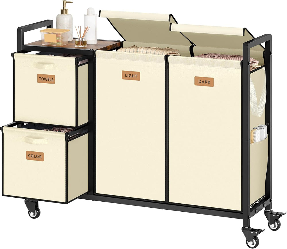 Hoctieon 4 Section Laundry Cart, 52.8 Gal. (200L) Laundry Hamper with Lid, La...