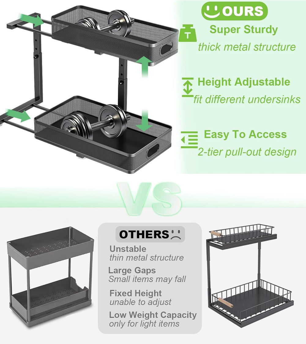 Under Sink Organizer 2 Pack, High Adjustable 2 Tier Under Sink Organizers and...