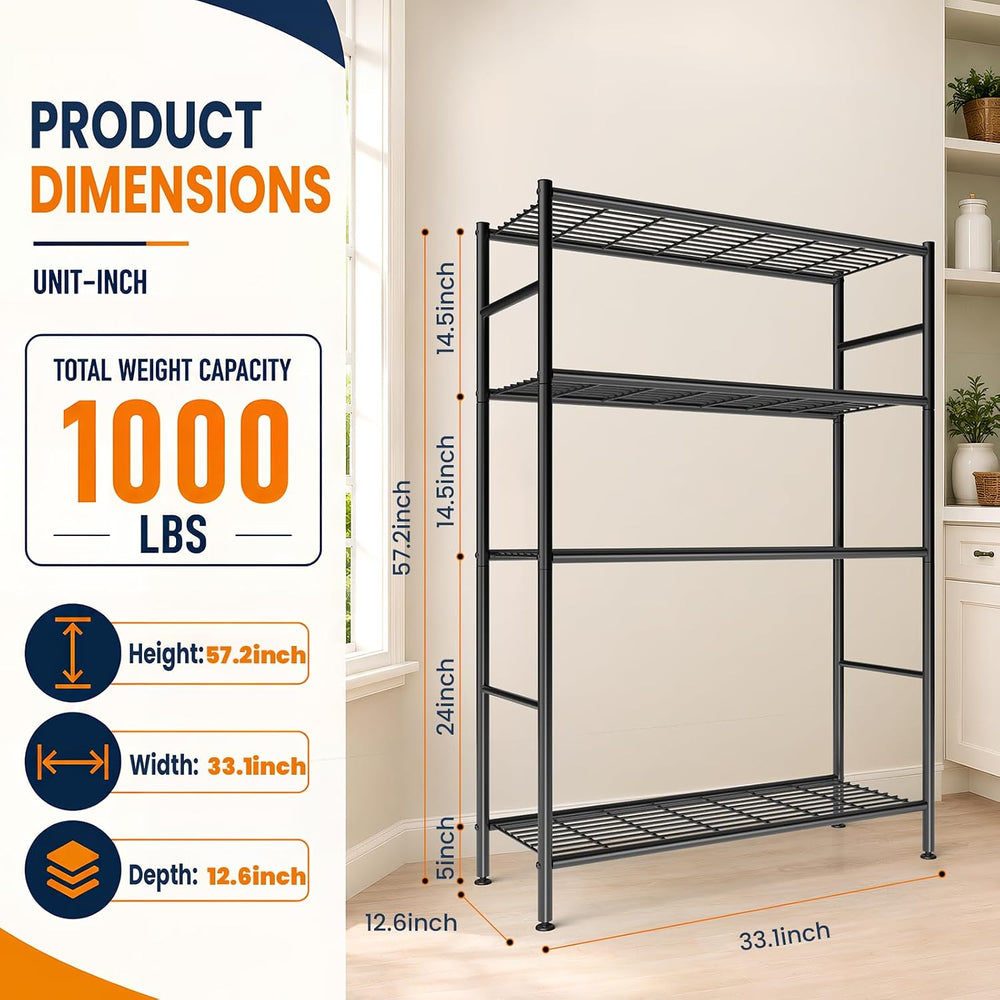 4-Tier Metal Storage Shelves, 33.1" x 12.6" x 57.2", Heavy Dut...