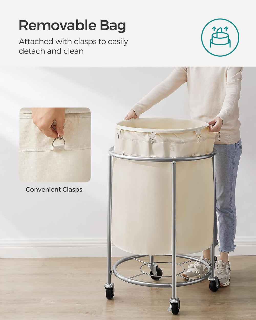 SONGMICS Laundry Basket with Wheels,190L, Steel Frame, Removable Bag