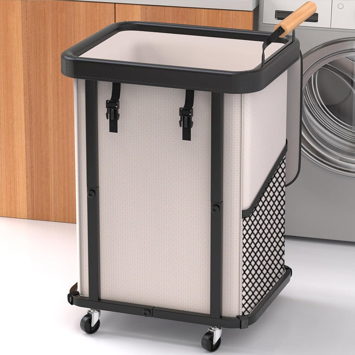 150L Laundry Basket with Wheels,Rolling Basket Hamper with Lid&Handle White