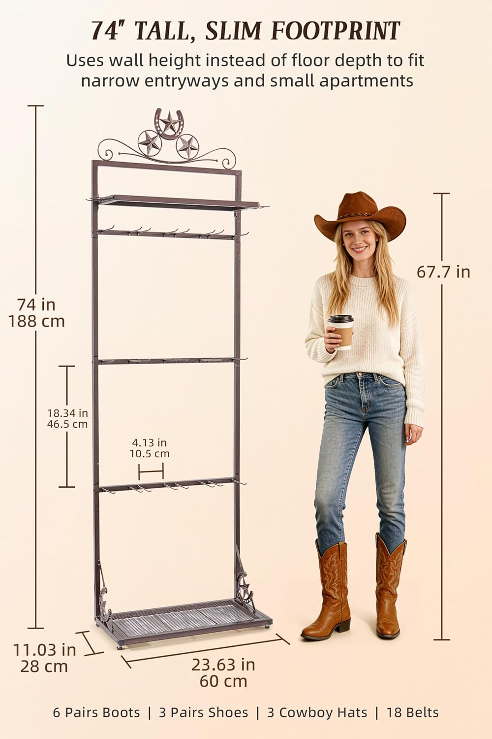 Western Boot Rack for 6 Pairs, 74" Freestanding Cowboy Boot Stand, Bronze