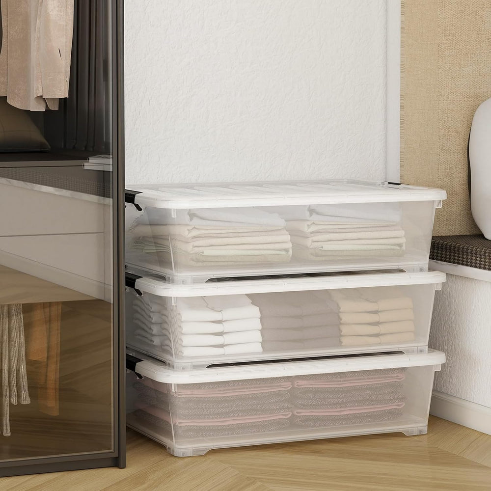 Morcte 50 Quart Clear Plastic Under Bed Storage Boxes with Wheels, 3-Pack