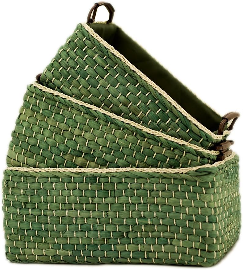 Kingwillow Baskets Woven Maize Storage Bins Set of 3 (Green,Rectangular)