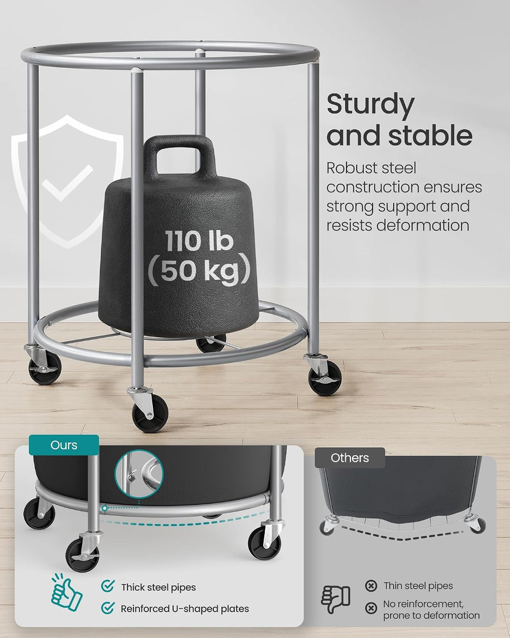 SONGMICS Laundry Basket with Wheels,190L, Steel Frame, Removable Bag