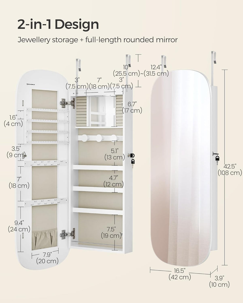 SONGMICS Jewelry Organizer, LED Jewelry Cabinet, Wall/Door Mounted