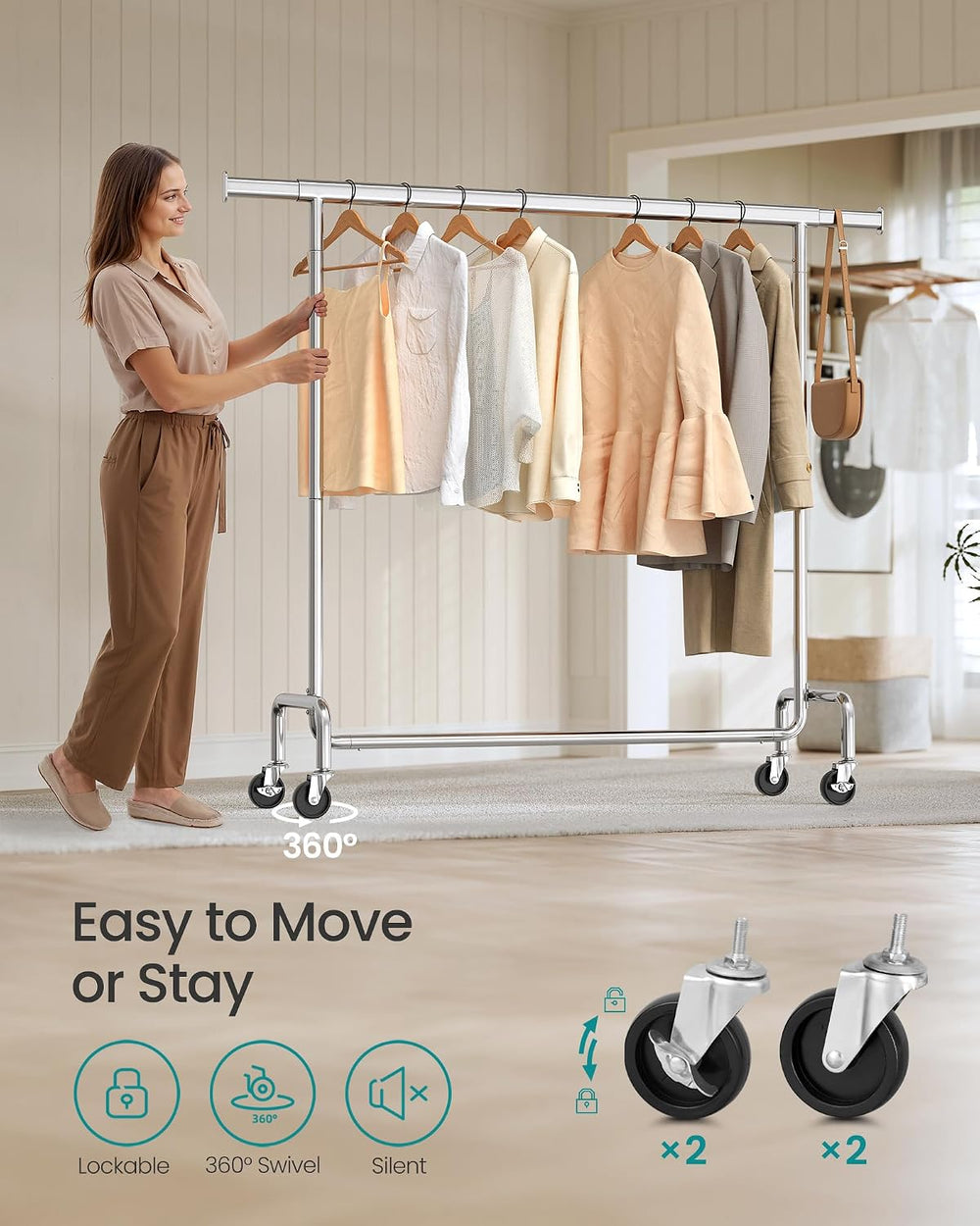 SONGMICS Clothes Rack with Wheels, Heavy-Duty, Extendable Hanging Rod
