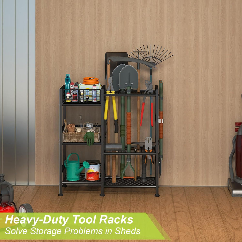 Garden Tool Organizer with Basket, 3-Tier Yard Storage Rack for Garage