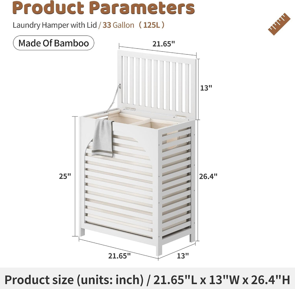 Laundry Hamper with Lid, Bamboo with Handles and Removable Liner Bag, 125L La...