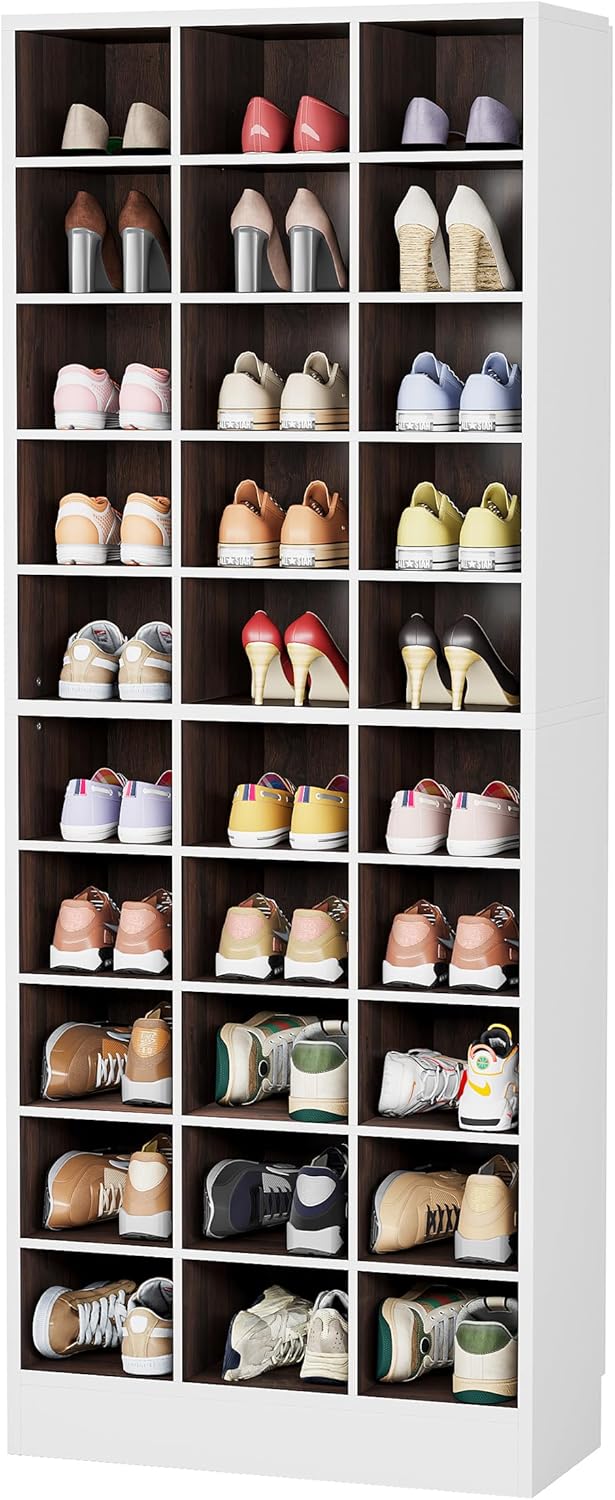 Tribesigns 10-Tier Shoe Storage Cabinet, White and Brown Wooden Shoe Rack wit...
