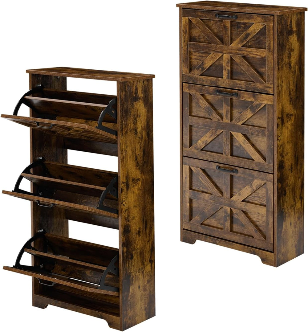 Shoe Cabinet with 3 Flip Drawers Set of 2, Farmhouse Shoe Storage for Entrywa...