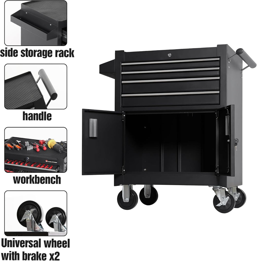 4-Drawer Rolling Tool Chest with Cabinet, Heavy Duty Metal Tool Box on Wheels...
