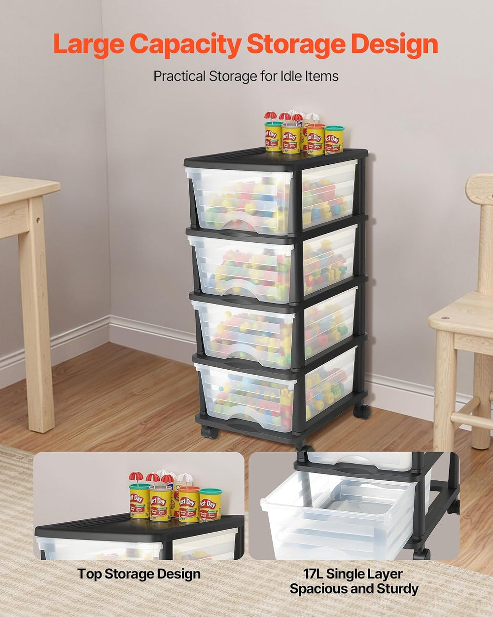 VEVOR Plastic Storage Drawers Cart, 4 Drawers Storage Organizer with Wheels, ...