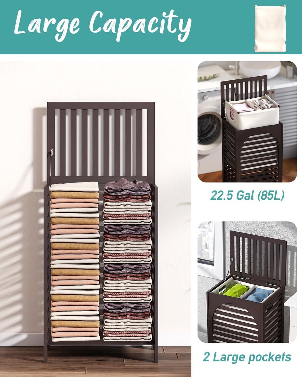 Laundry Hamper, 22.5 Gallon (85L) Bamboo Wood Clothes Laundry Basket with Lid...