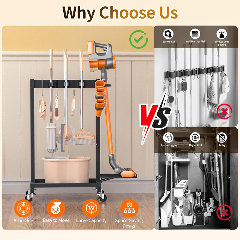 Broom Holder with Cleaning Supplies Organizer, 18" Wx11.8 Dx34.6 H