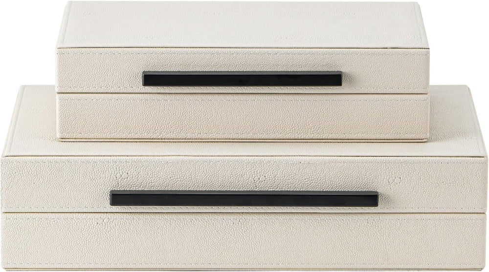 Set of 2 Beige Shagreen Decorative Storage Boxes with Black Metal Handles – F...