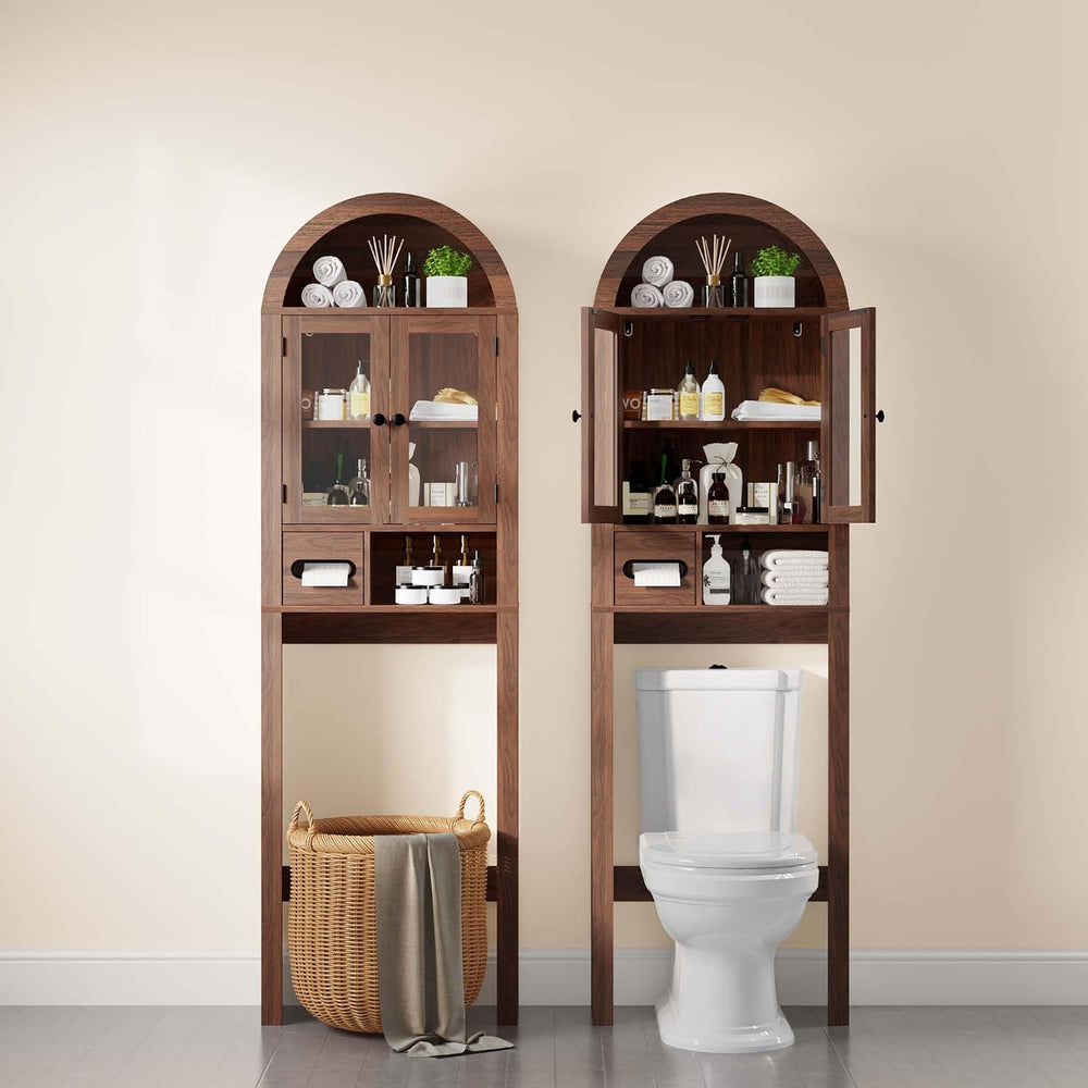 Arched Over the Toilet Storage Cabinet with Tempered Glass Doors, Walnut