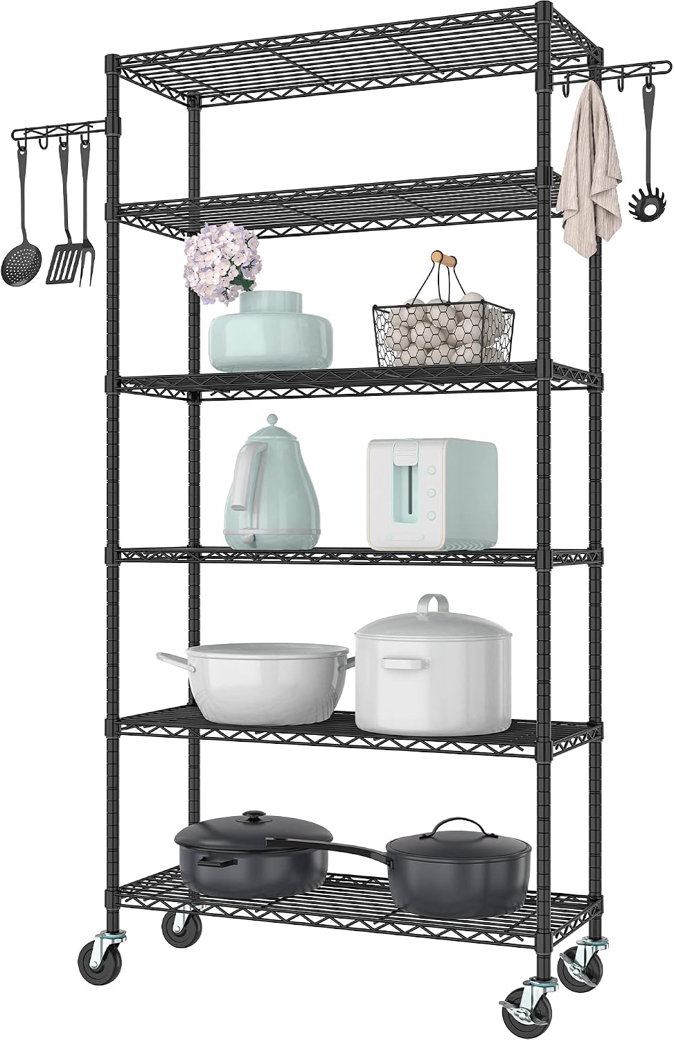 Folews 6-Tier Metal Storage Shelf with Wheels NSF Wire Shelving Unit, Black