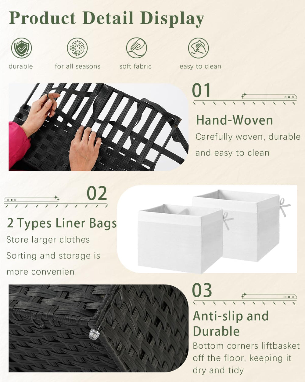 SETVSON Storage Basket with Lid PE Rattan Storage Basket 105L, Black