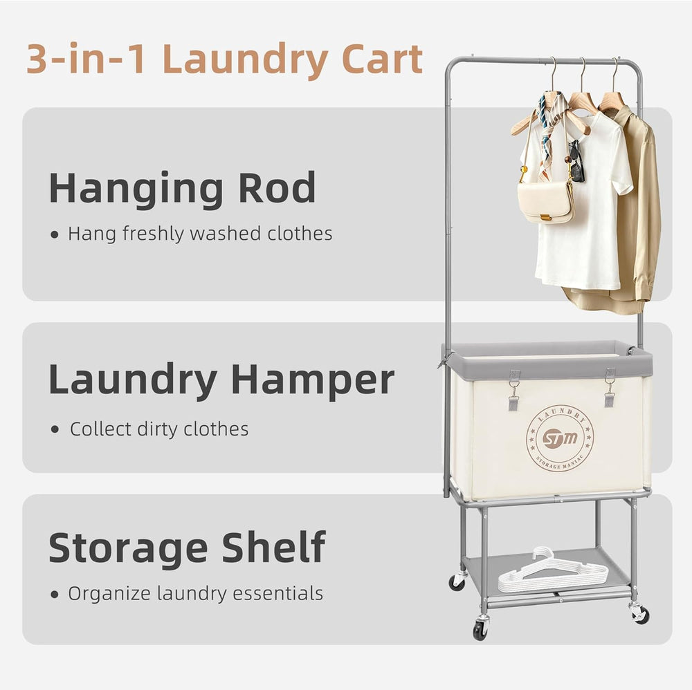 STORAGE MANIAC Rolling Laundry Cart with Hanging Bar & Storage Shelf, 110...